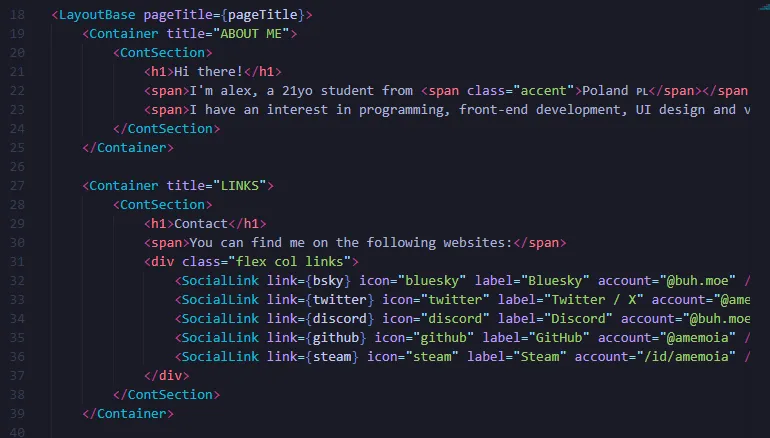 A block of code in Astro, showing my implementation of Containers and ContSections