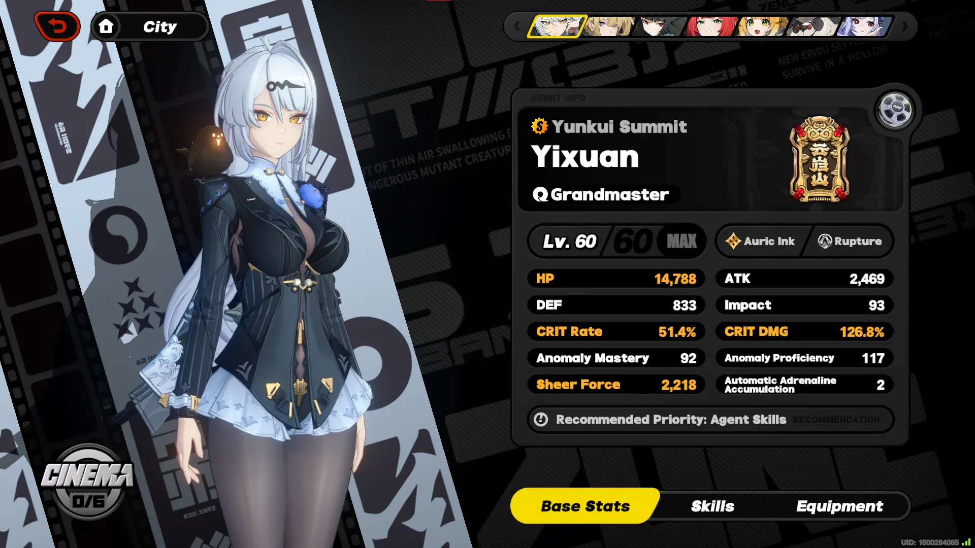 Zenless Zone Zero's character stats screen, showing Yixuan standing next to the stats list.